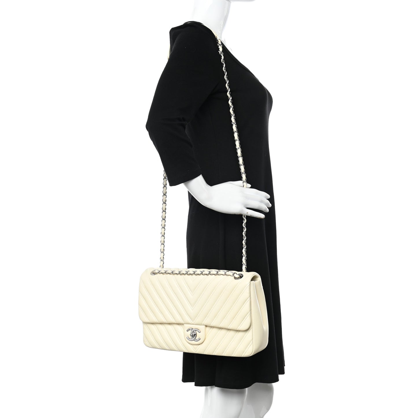 Lambskin Chevron Quilted Double Stitch Jumbo Single Flap White