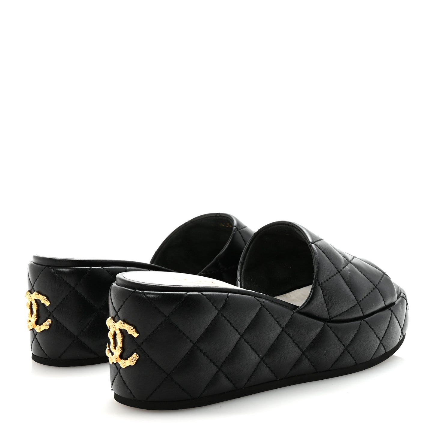 Lambskin Quilted Camelia CC Wedge Sandal Mules 40 Black