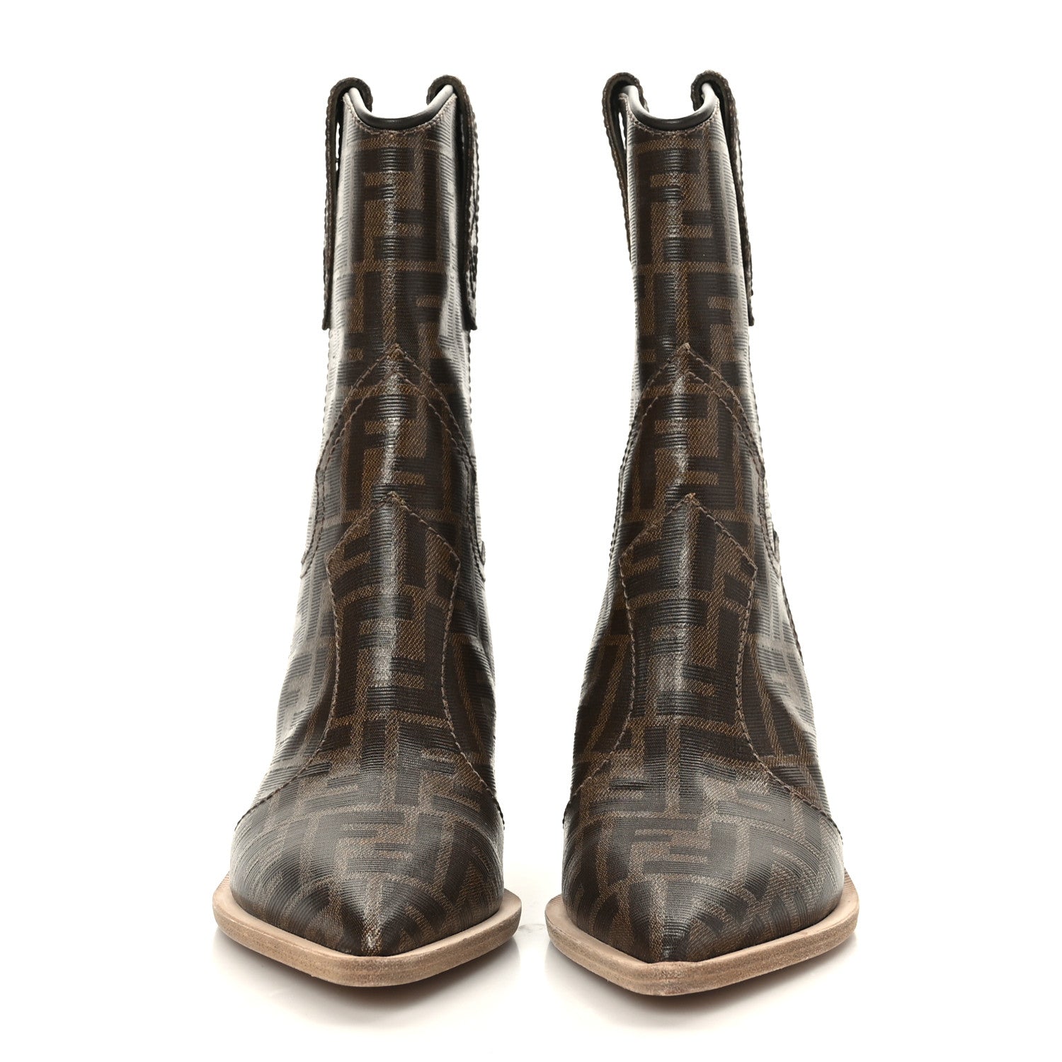 Fendi Glazed Fabric FF 1974 Cutwalk Ankle Boots 36 Mogano Panna 2 of 6
