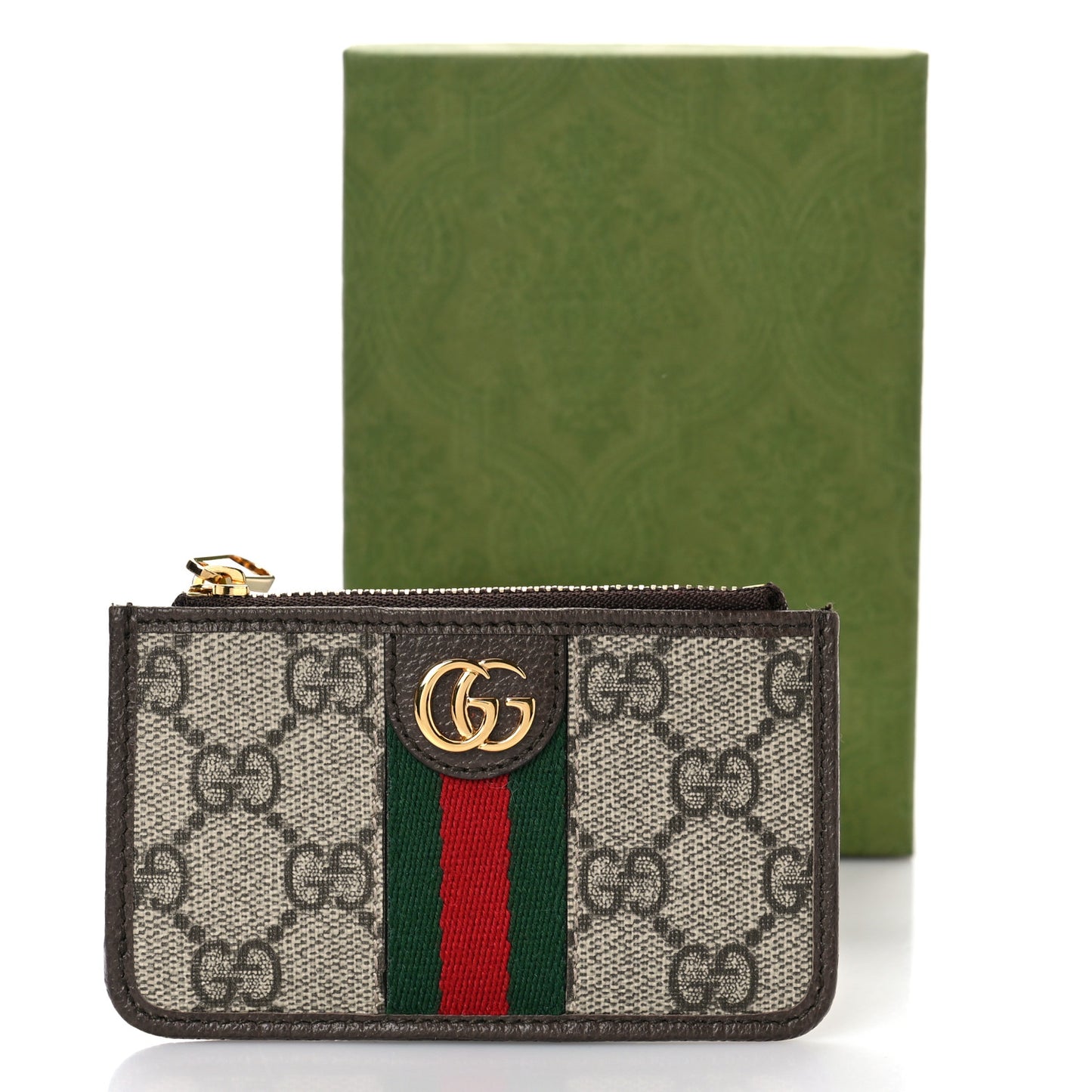 GG Supreme Monogram Web Ophidia Zip Card Case Brown