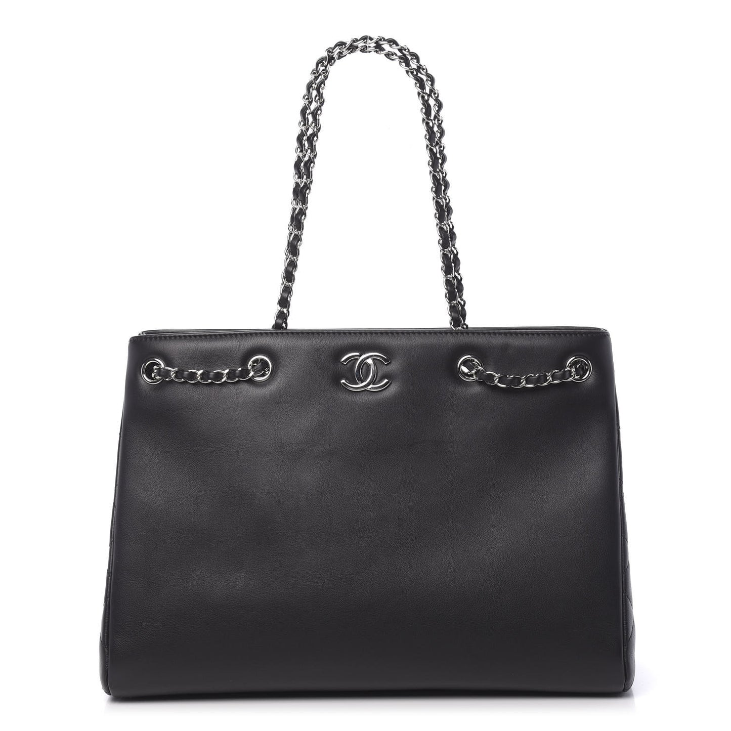 Calfskin Large Woven Chain Shopping Tote Black