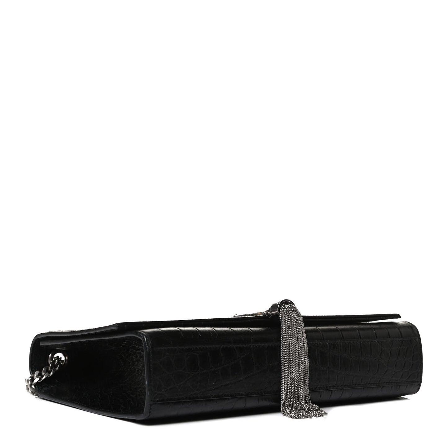 Calfskin Crocodile Embossed Medium Classic Monogram Kate Tassel Satchel Black