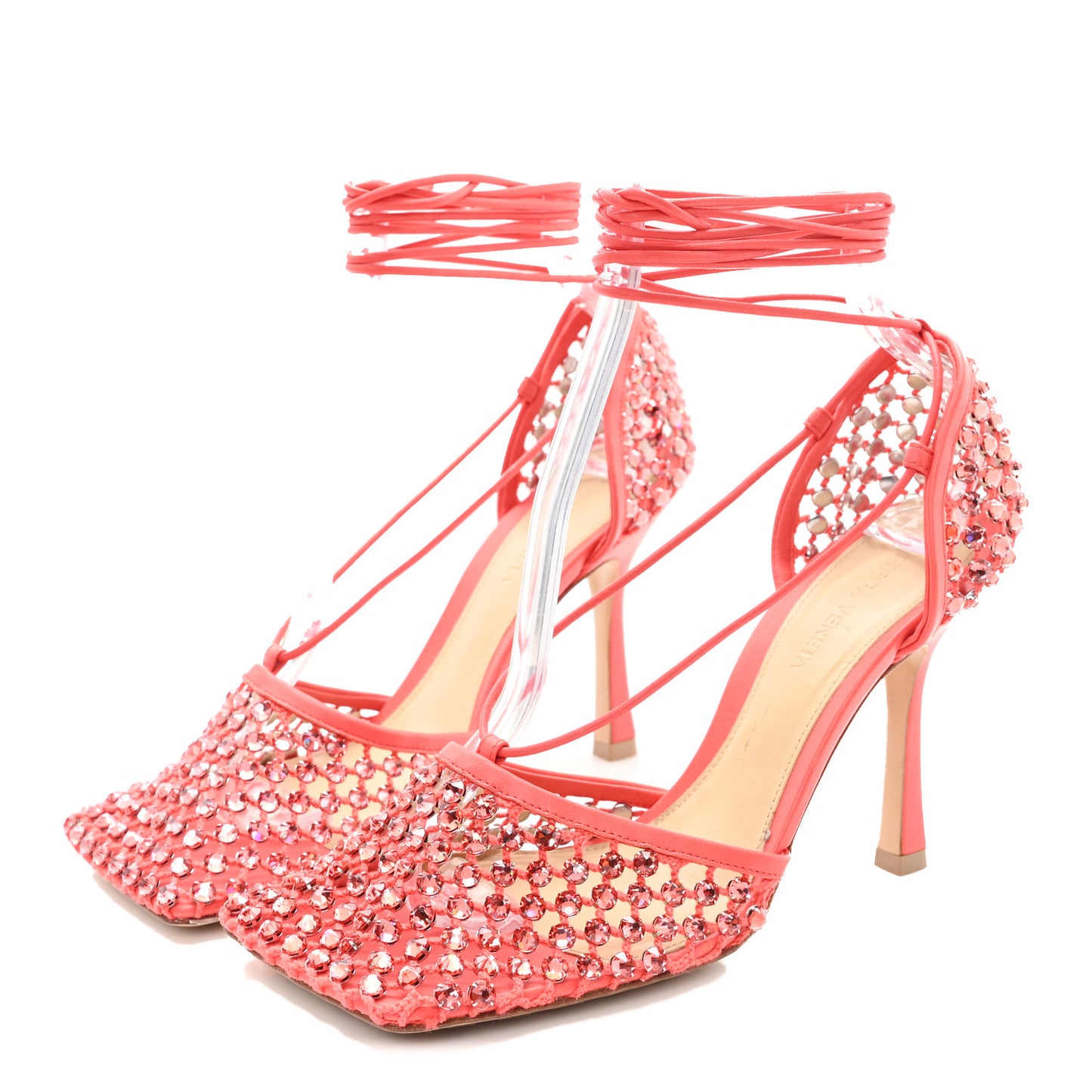 Mesh Nappa Crystal Embellished Sparkle Stretch Ankle Tie 90mm Sandals 38 Sunburst