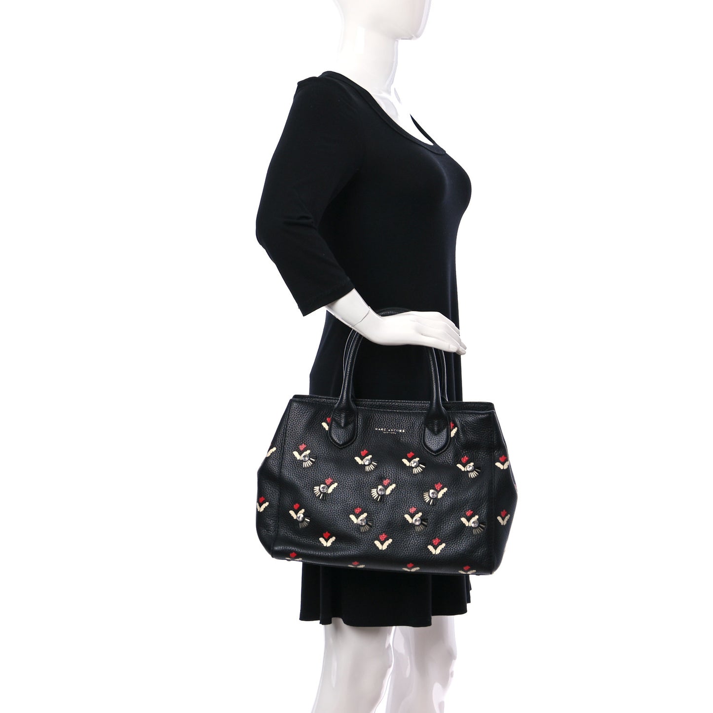 Grained Calfskin Embellished Tulip Print Tote Black Multicolor