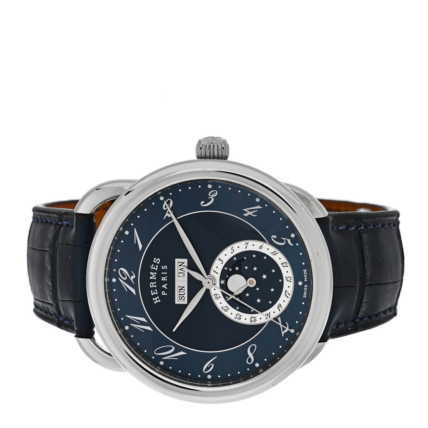 Stainless Steel Alligator 43mm Arceau Grande Lune Automatic Watch Bleu Abysse