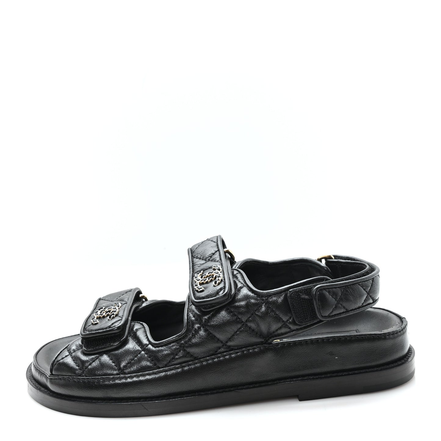 Lambskin Quilted Velcro Dad Chain CC Slide Sandals 36 Black