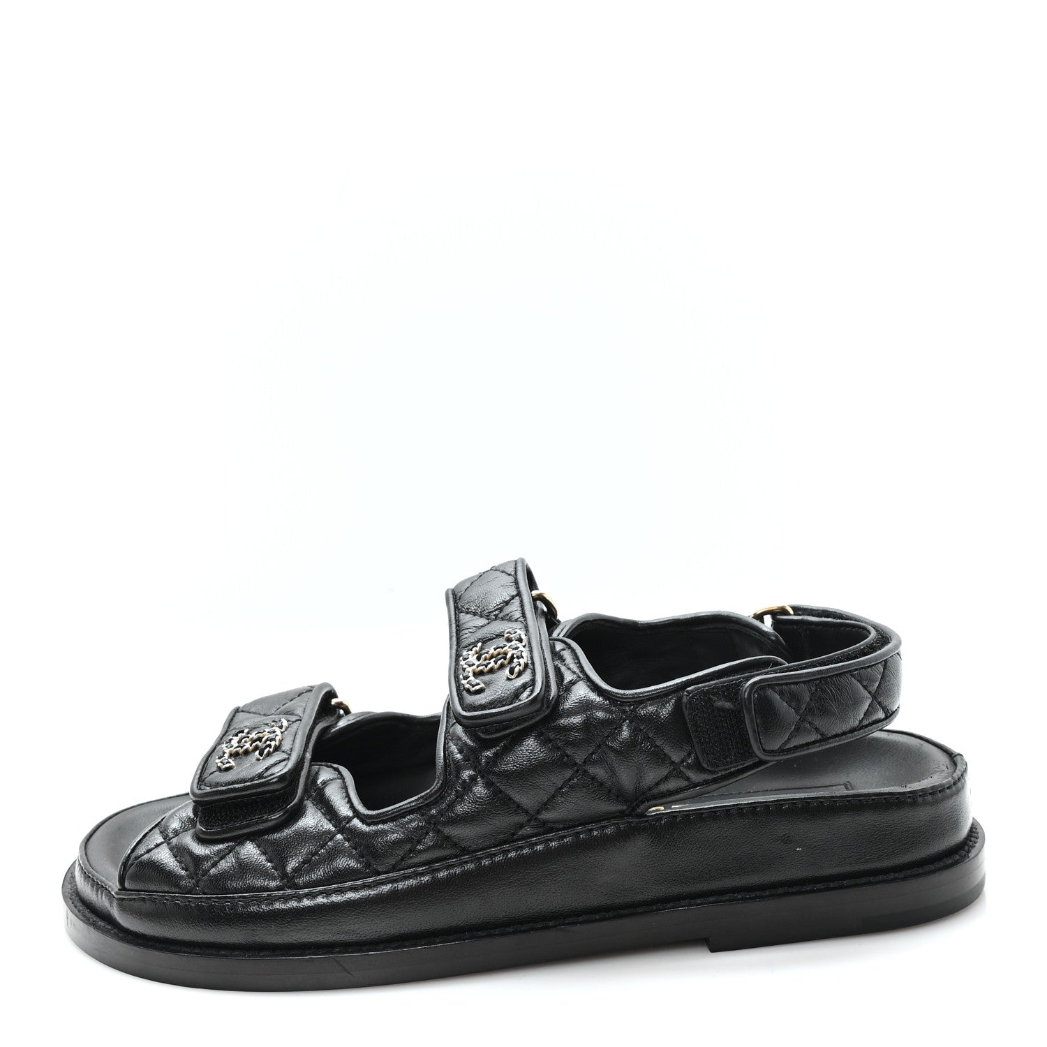 Chanel Lambskin Quilted Velcro Dad Chain CC Slide Sandals 36 Black 1 of 9