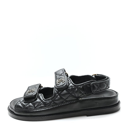 Chanel Lambskin Quilted Velcro Dad Chain CC Slide Sandals 36 Black 1 of 9