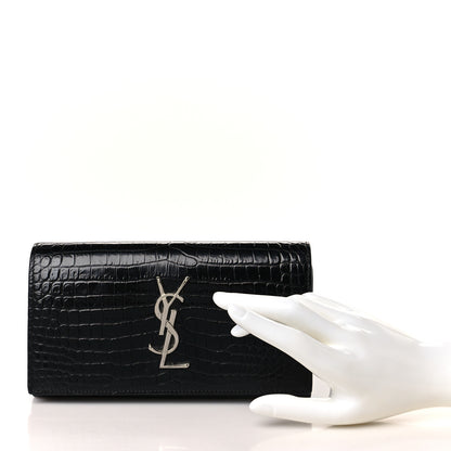 Saint Laurent Calfskin Crocodile Embossed Monogram Flap Wallet Black 2 of 8