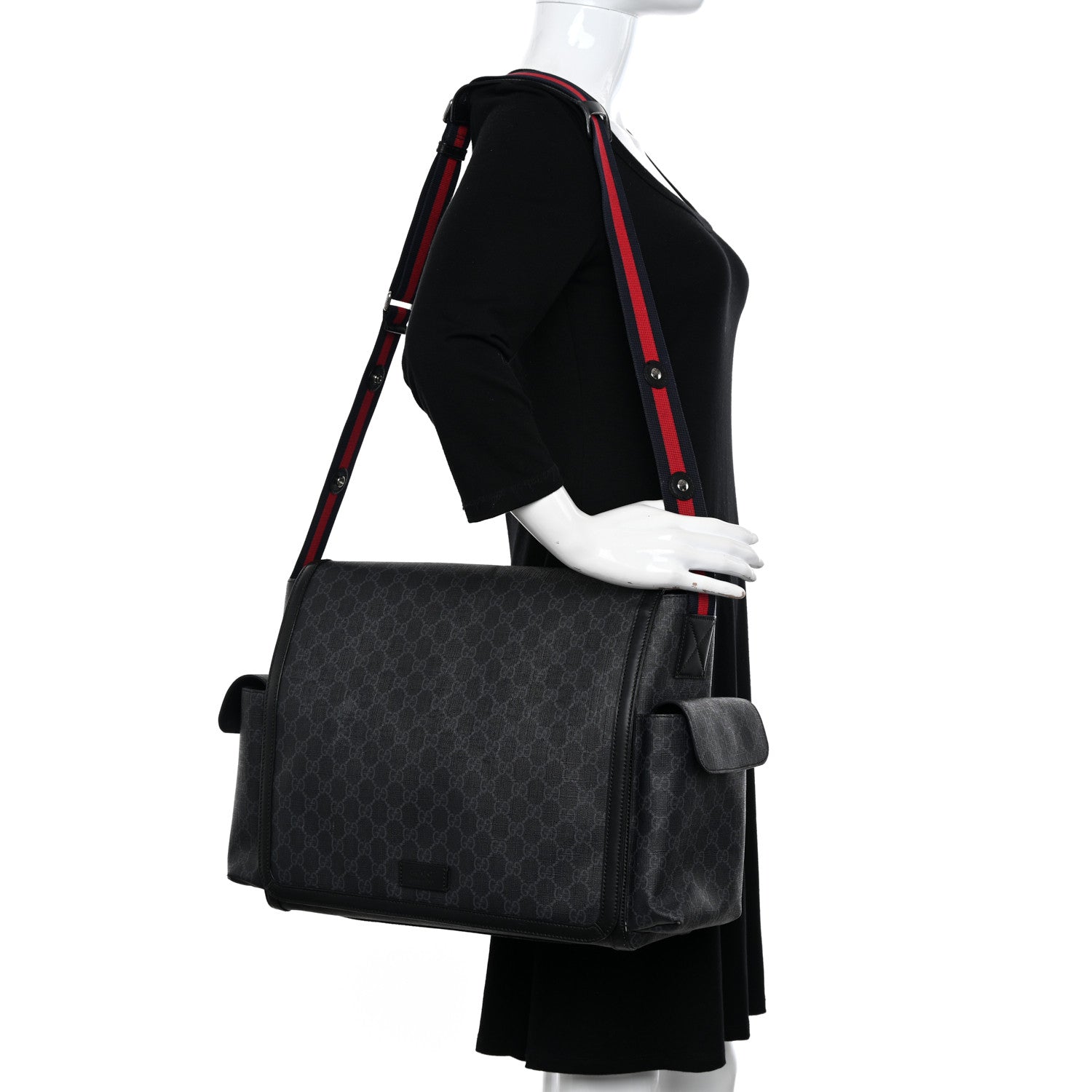 Gucci GG Supreme Monogram Web Messenger Diaper Bag Black Grey 3 of 17
