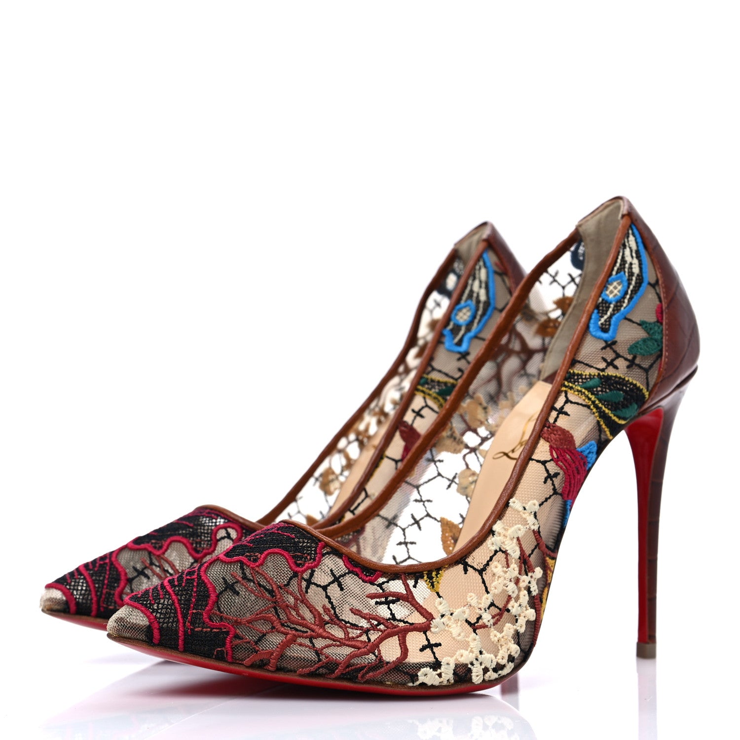 Christian Louboutin Lace Calfskin Crocodile Embossed Follies 100 Pumps 36.5 Cuoio Multicolor 3 of 7