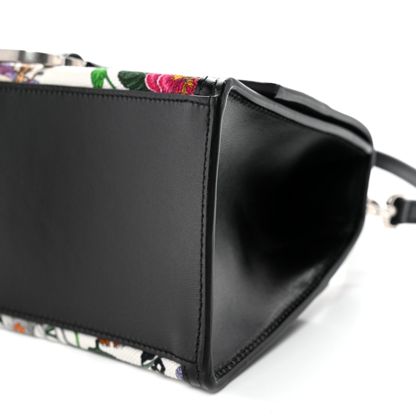 X GUCCI Canvas Boarded Plutone Calfskin Flora Logo Print Small Hourglass Top Handle Bag White Multicolor Black