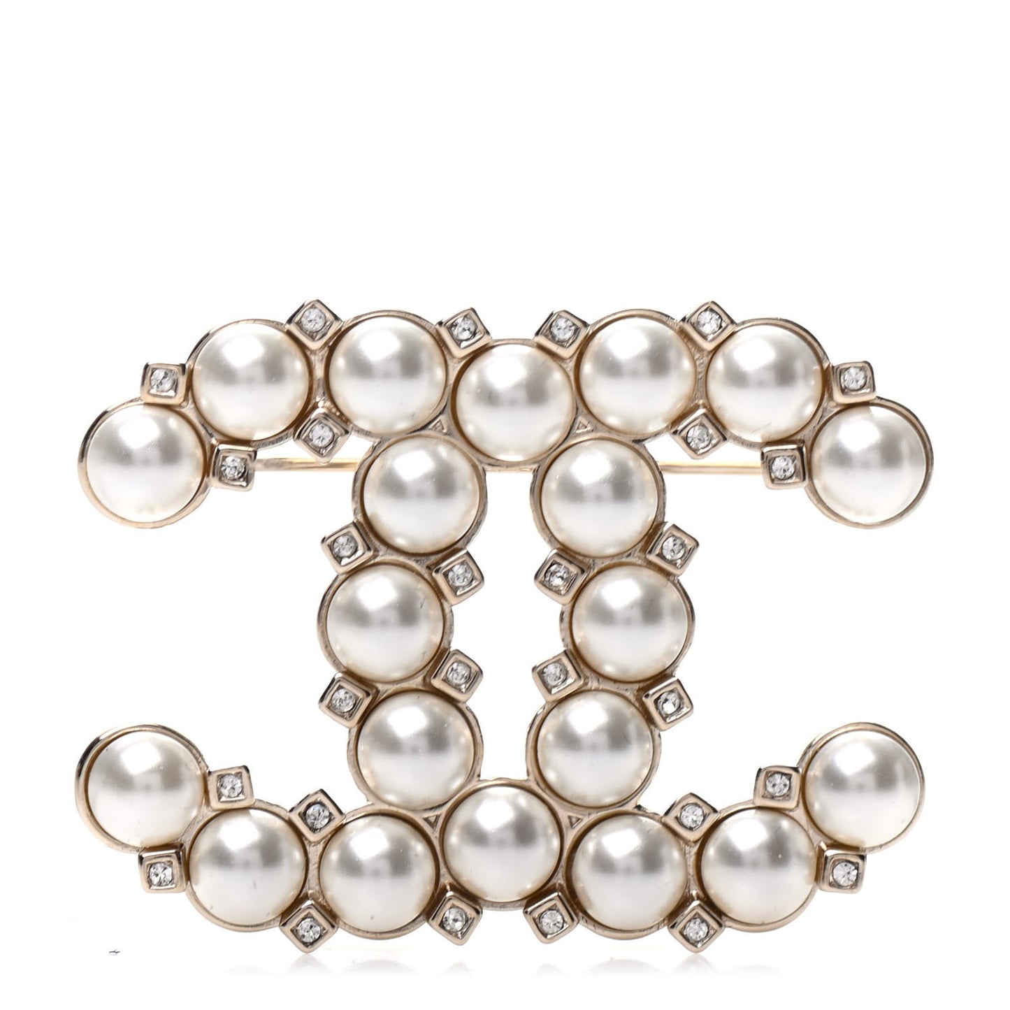Crystal Pearl CC Brooch Gold