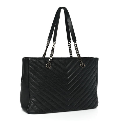 Saint Laurent Sheepskin Matelasse Chevron Large Monogram Shopping Bag Black 3 of 9