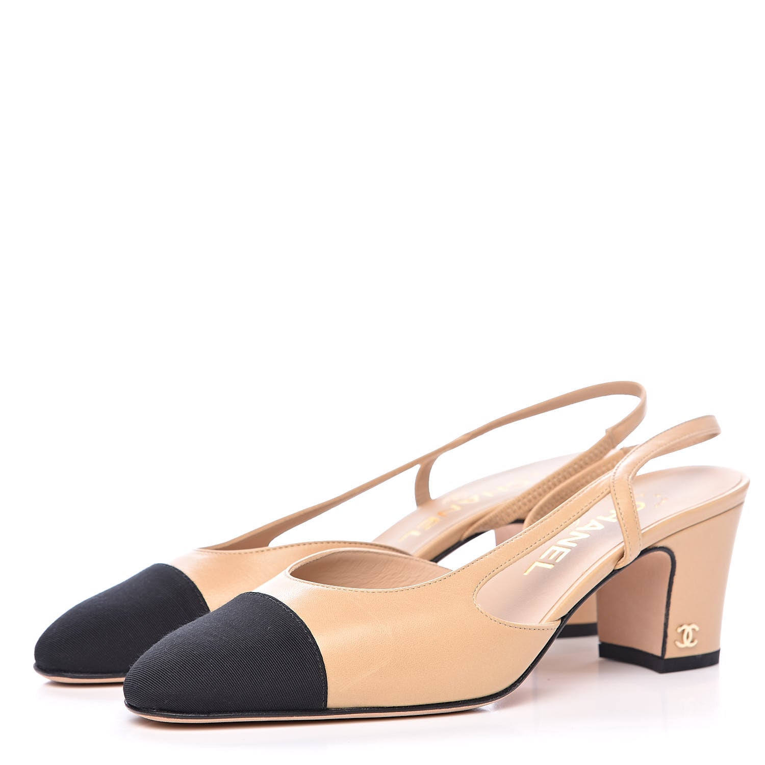 Chanel Goatskin Grosgrain Cap Toe CC Slingback Pumps 37 Beige Black 3 of 9