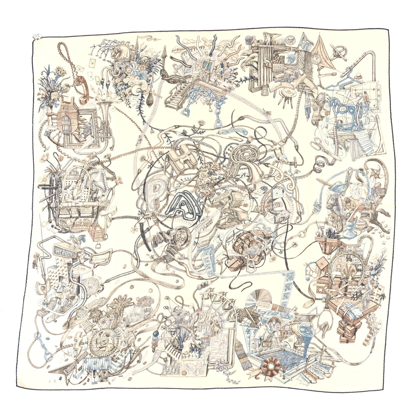 Cashmere Silk Le Monde D'Hermes Shawl 140 White Ardoise Etoupe