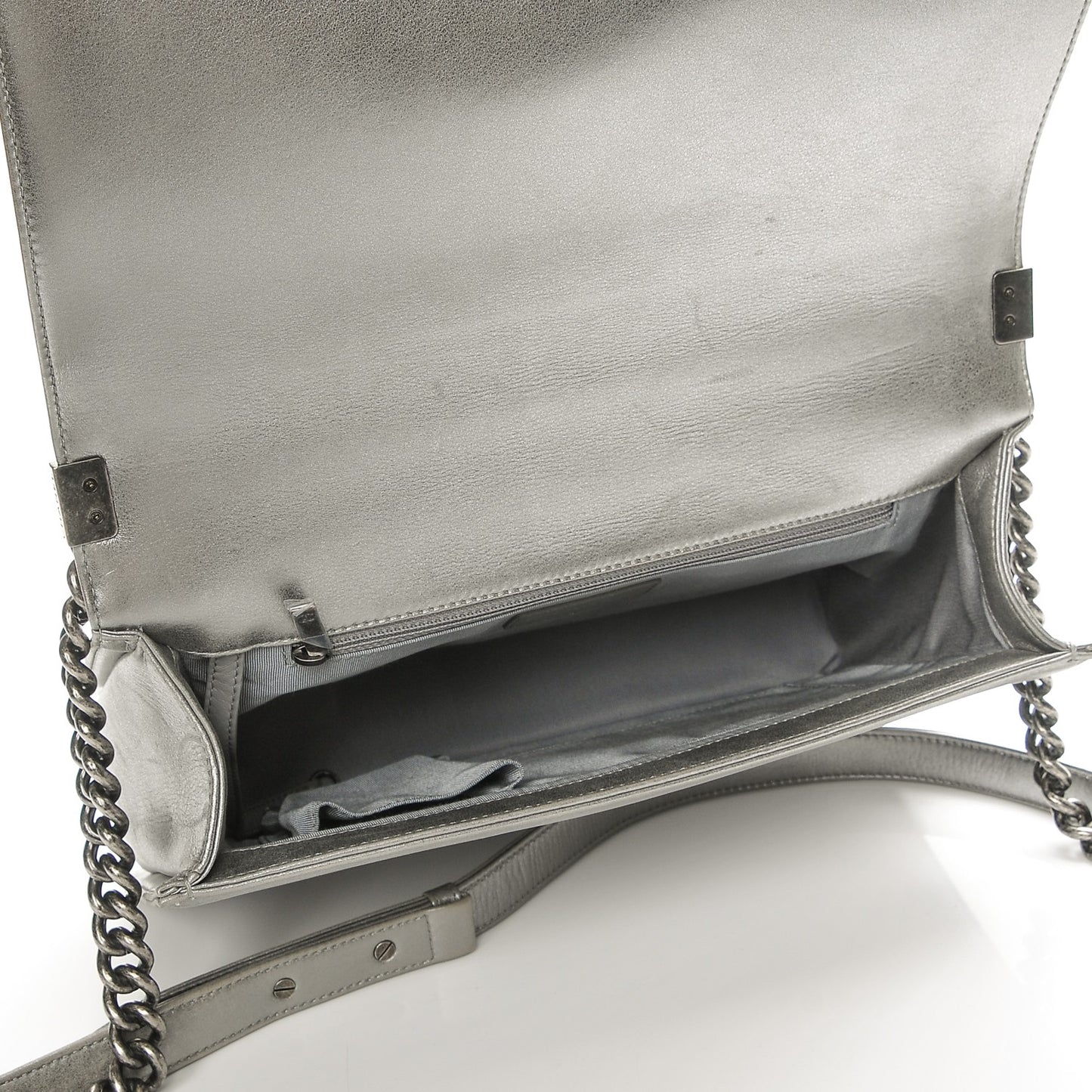 Metallic Calfskin Quilted Large Boy Flap Silver