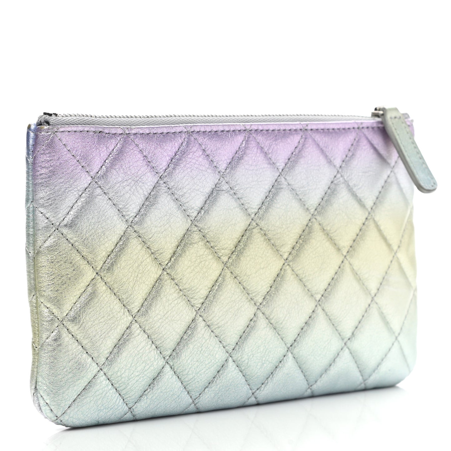 Gradient Metallic Calfskin Quilted Cosmetic Case Silver Blue Yellow Purple