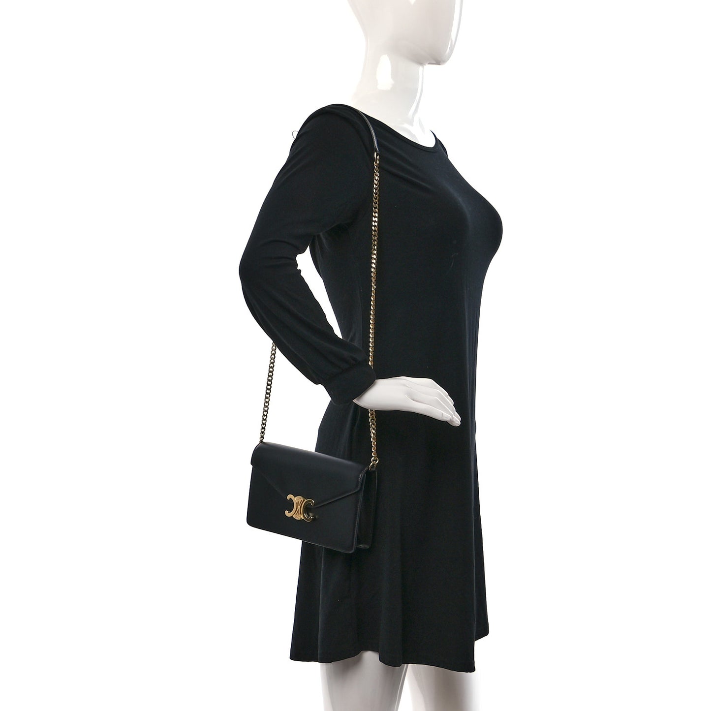 Shiny Calfskin Triomphe Margo Wallet on Chain Black