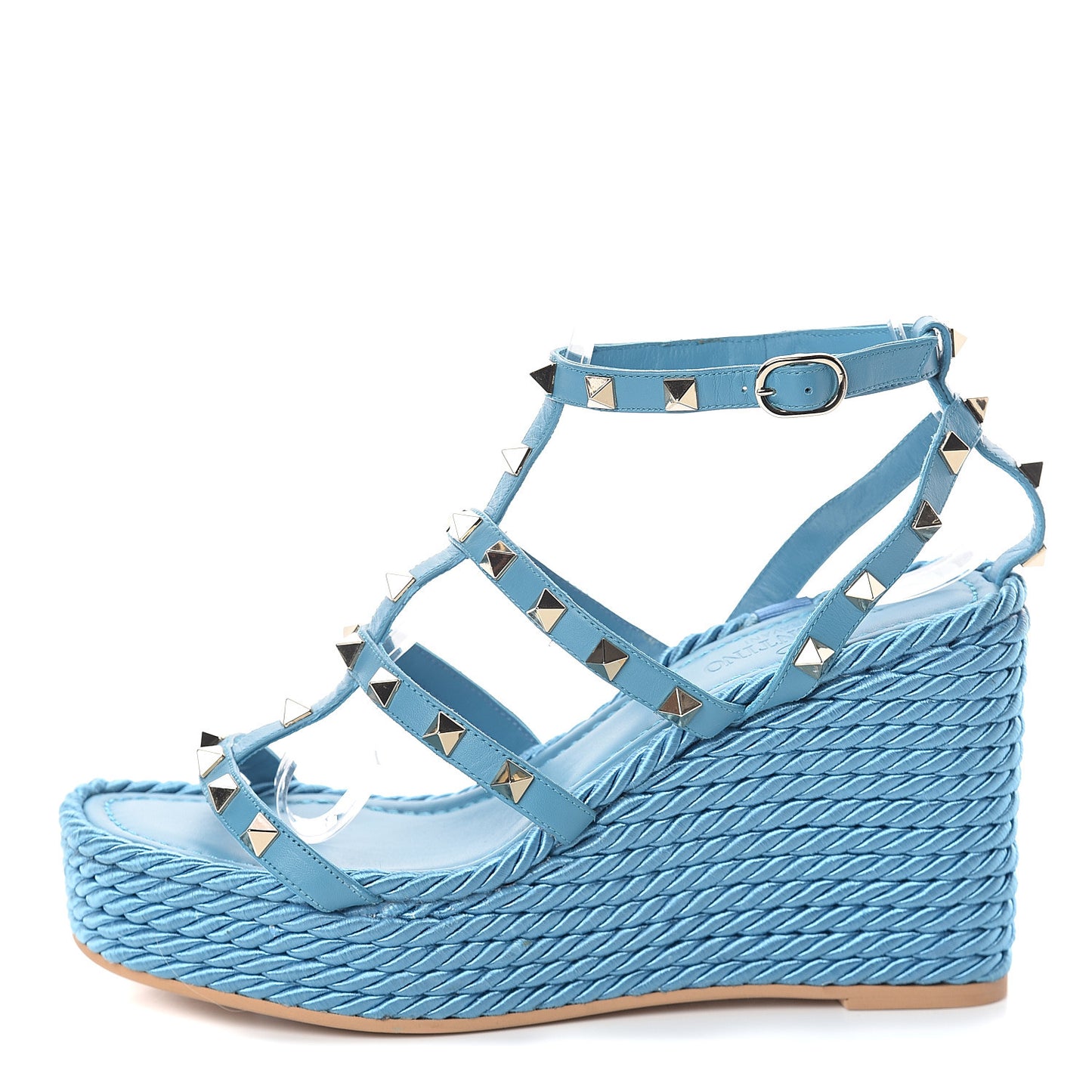 Calfskin Rockstud Ankle Strap Torchon Espadrille Caged 25/90mm Wedge Sandals 37 Cerulean
