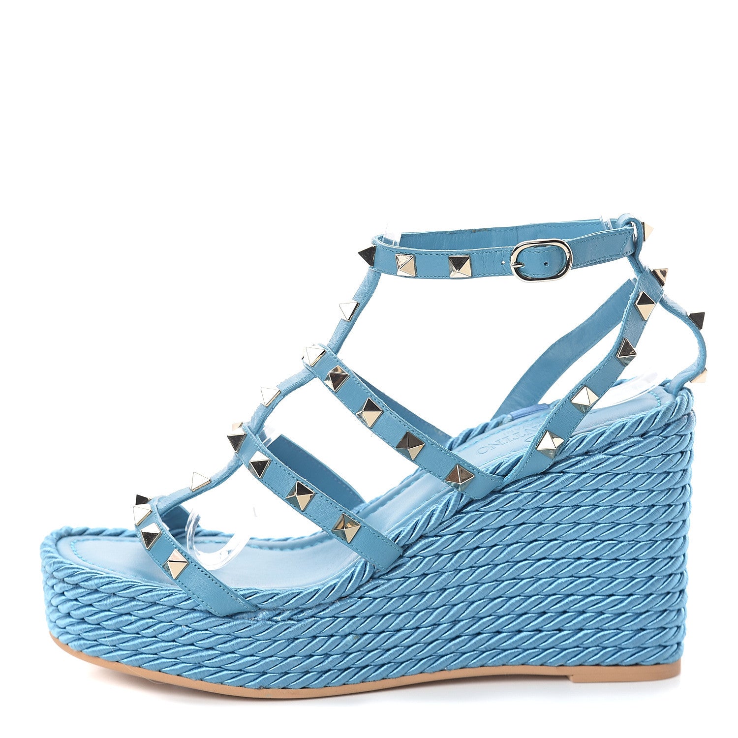 Valentino Garavani Calfskin Rockstud Ankle Strap Torchon Espadrille Caged 25/90mm Wedge Sandals 37 Cerulean 1 of 7