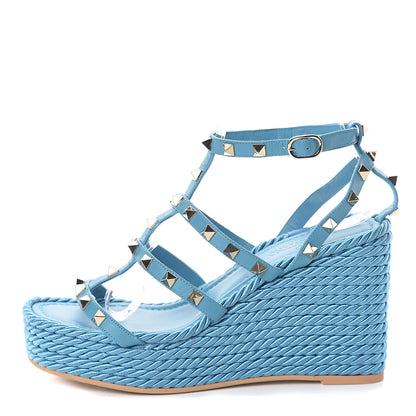 Valentino Garavani Calfskin Rockstud Ankle Strap Torchon Espadrille Caged 25/90mm Wedge Sandals 37 Cerulean 1 of 7