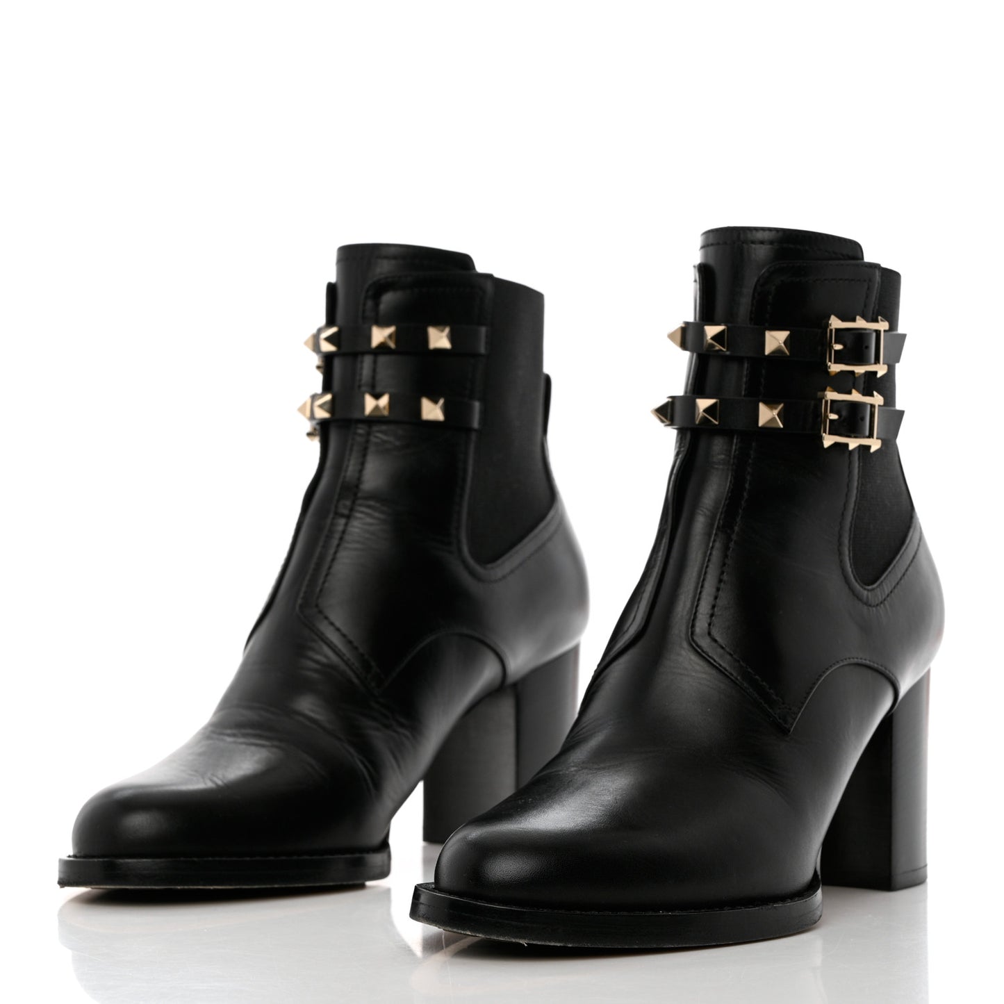 Calfskin Rockstud Double Buckle Beatle Chelsea 70mm Ankle Boots 39 Black