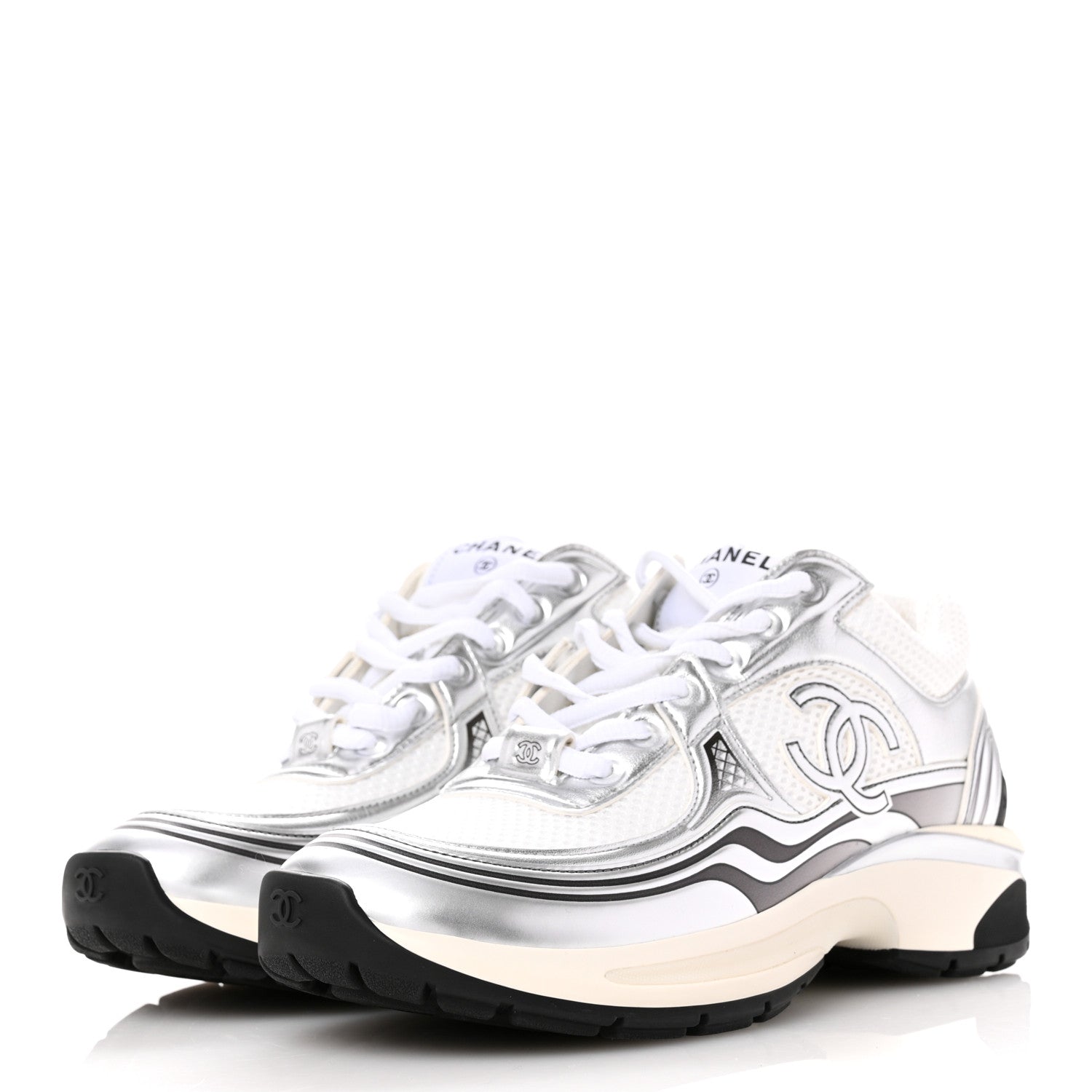 Chanel Fabric Laminated Calfskin Stretch CC Womens Sneakers 37 White Silver 4 of 10