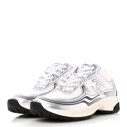 Chanel Fabric Laminated Calfskin Stretch CC Womens Sneakers 37 White Silver 4 of 10