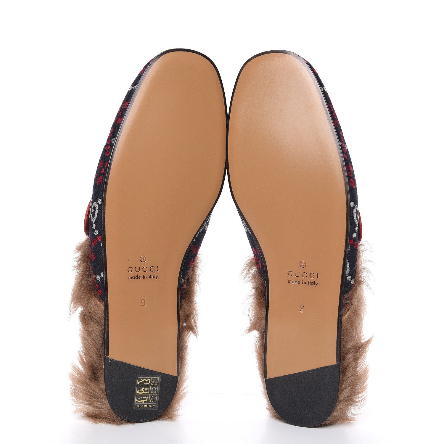 Gucci Canvas GG Monogram Diamond Fur Web GG Mens Princetown Slippers 9 Midnight Blue Hibiscus Red 5 of 8