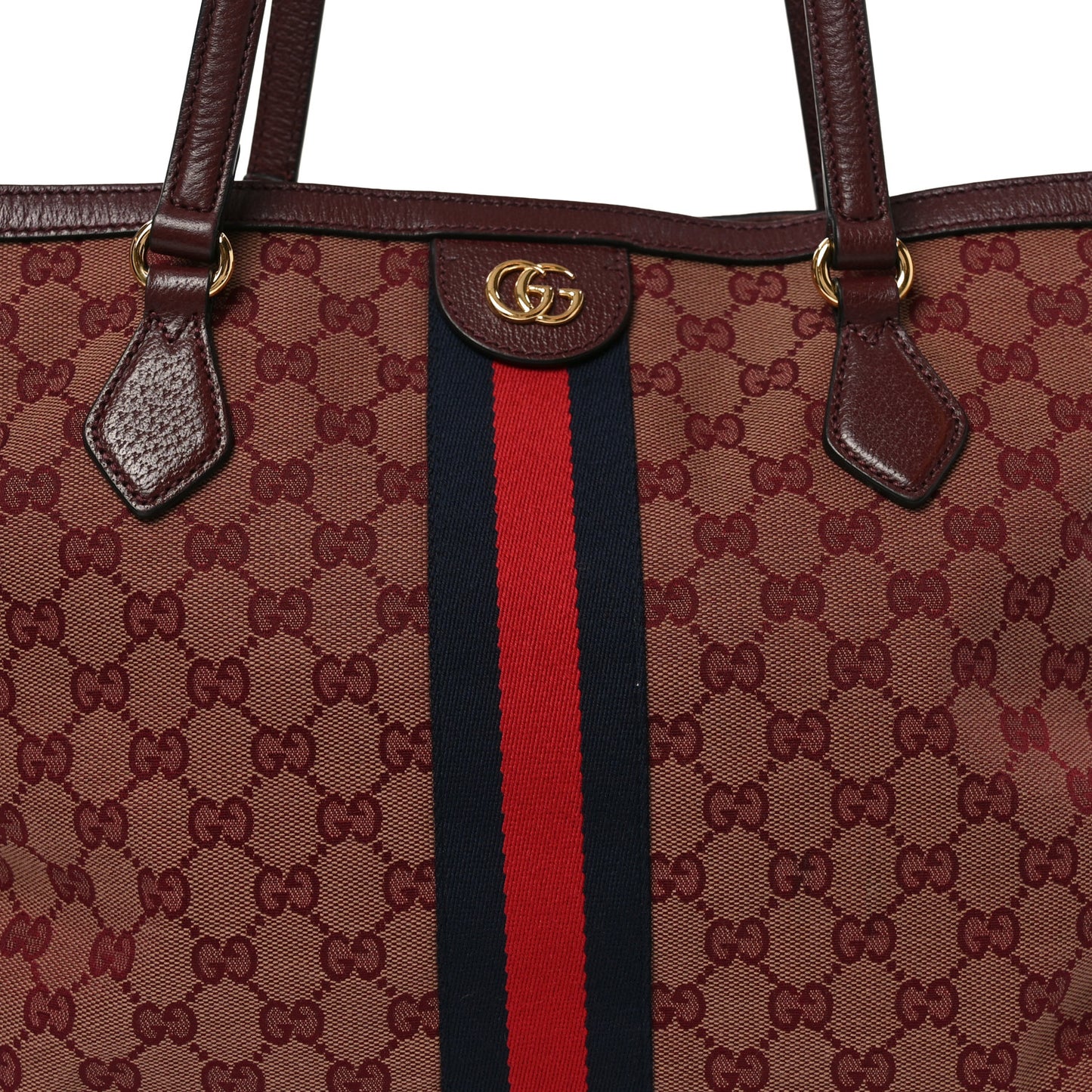 Monogram Textured Dollar Calfskin Web Medium Ophidia Shopping Tote Sahara Rubino Chardonnay