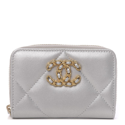 Chanel Goatskin Quilted 19 Zip Around Coin Purse Wallet Silver 1 of 8