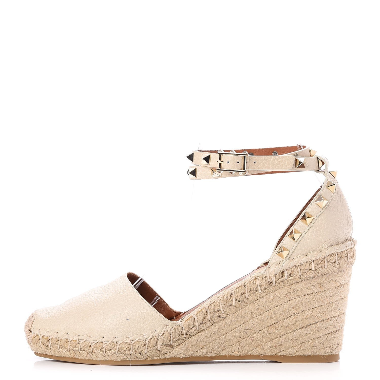 Valentino Garavani Grained Calfskin Rockstud Ankle Wrap Espadrille 15/85mm Wedges 41 Light Ivory 1 of 8