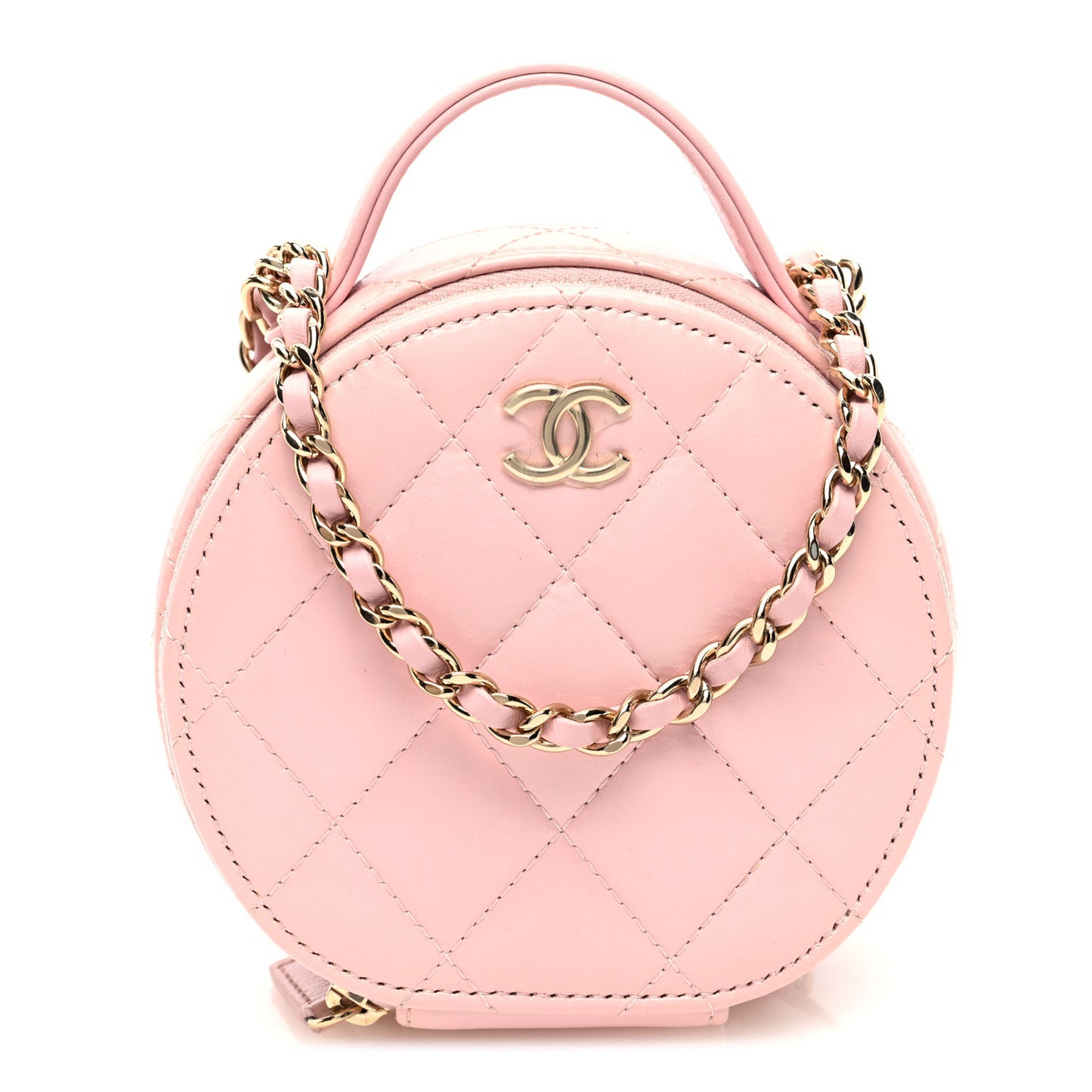 Lambskin Quilted Round Handle With Care Vanity With Chain Pink