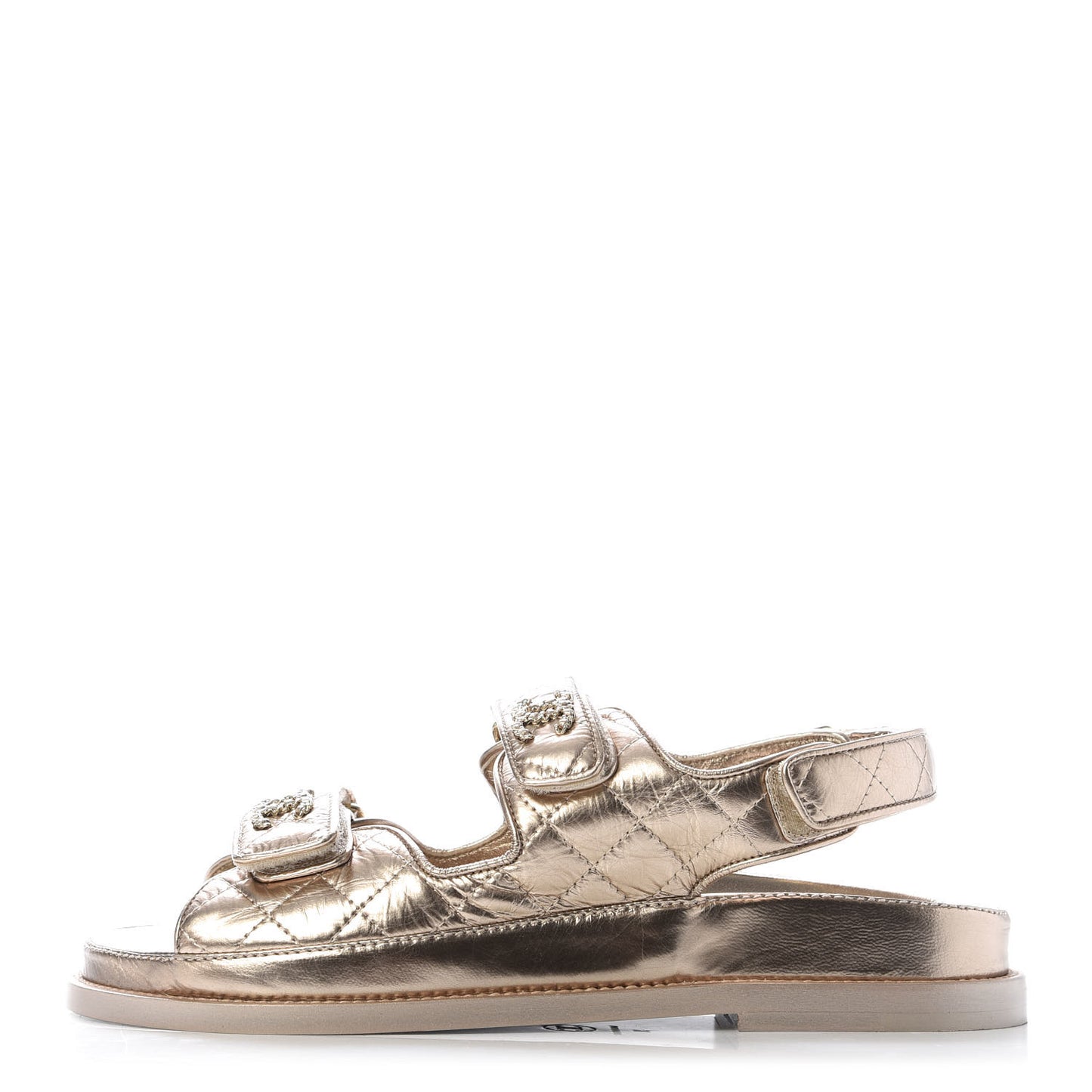 Iridescent Lambskin Quilted Velcro Dad Sandals 38 Light Bronze