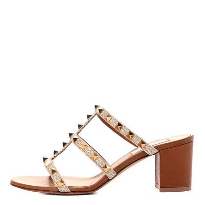 Valentino Garavani Raffia Calfskin Rockstud 60mm Caged Slide Sandals 38 Naturale 1 of 7