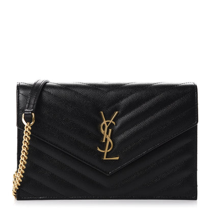 Saint Laurent Grain De Poudre Matelasse Chevron Monogram Envelope Chain Wallet Black 1 of 10
