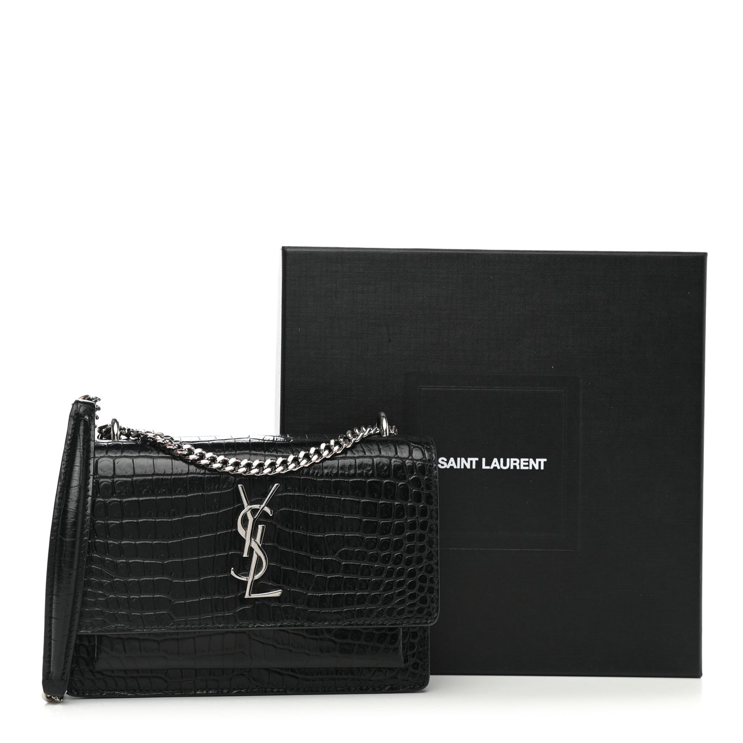 Calfskin Crocodile Embossed Monogram Sunset Chain Wallet Black