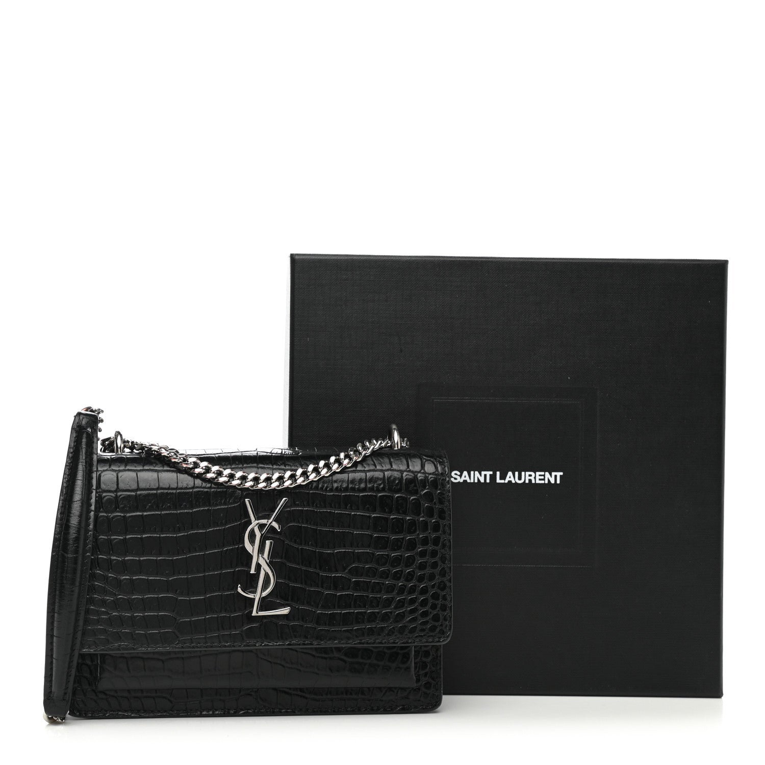 Saint Laurent Calfskin Crocodile Embossed Monogram Sunset Chain Wallet Black 10 of 10