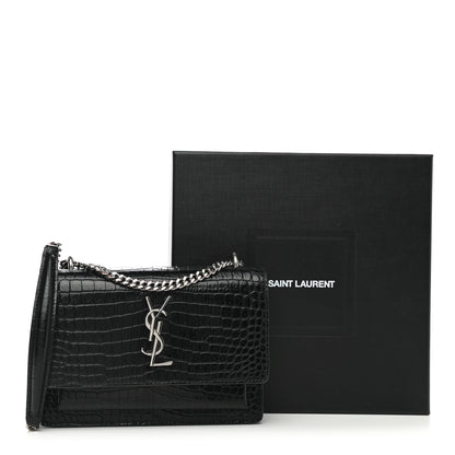Saint Laurent Calfskin Crocodile Embossed Monogram Sunset Chain Wallet Black 10 of 10