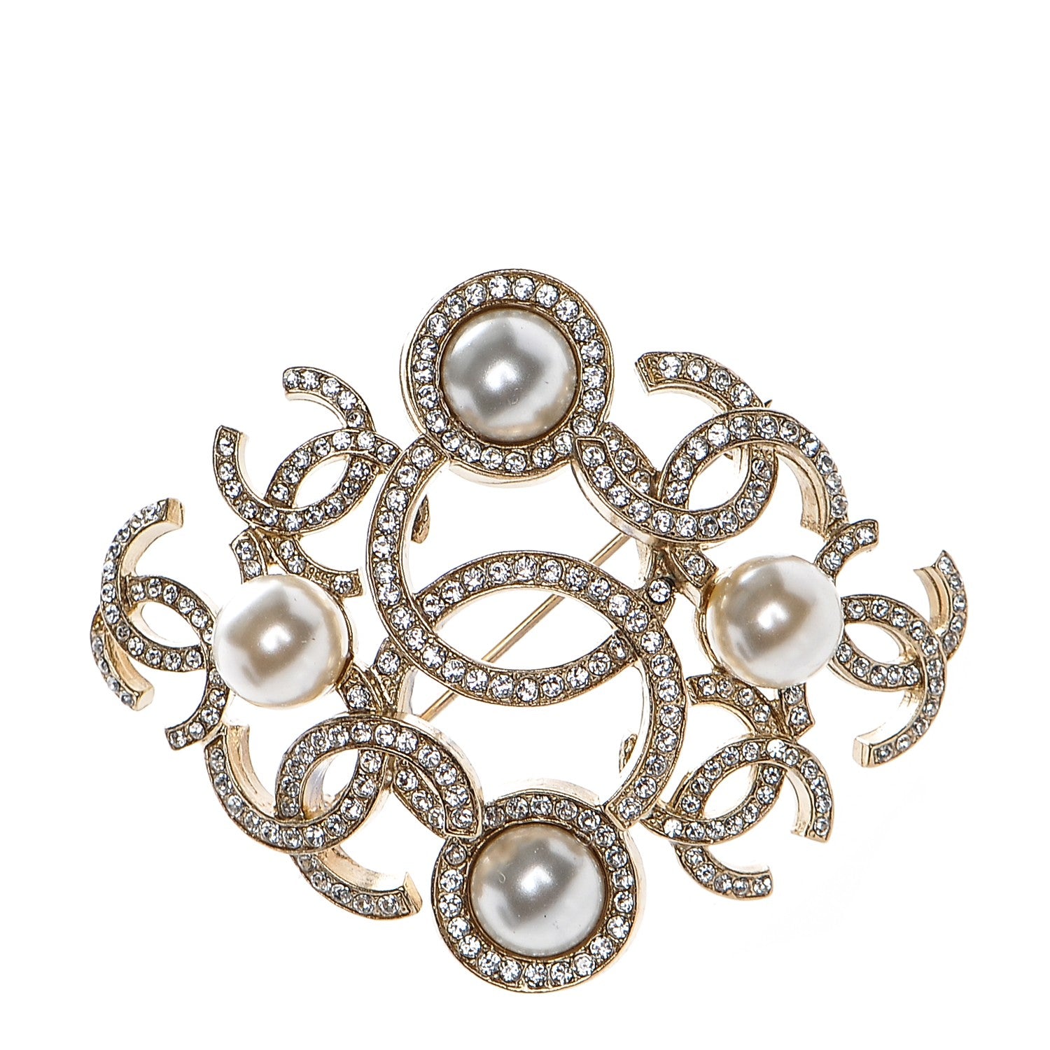 Chanel Pearl Crystal CC Brooch Light Gold 1 of 4