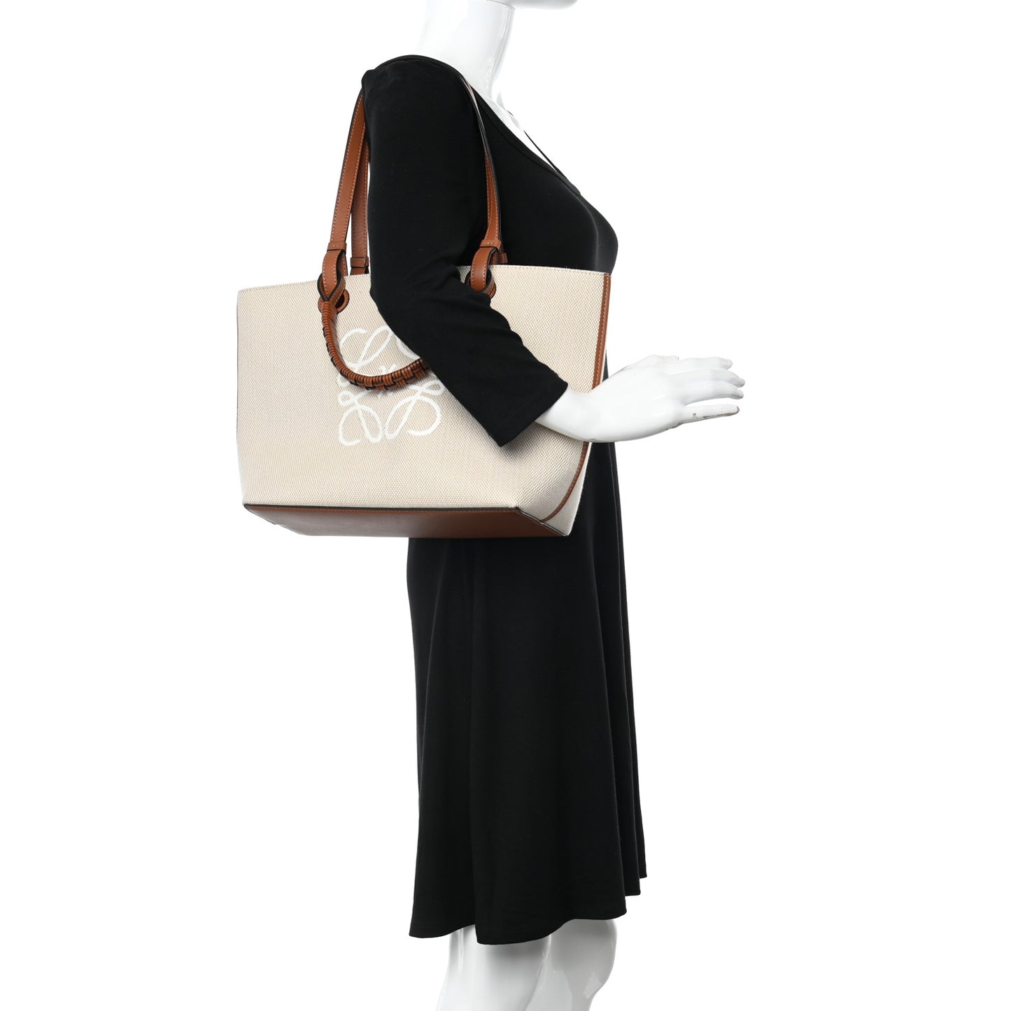 Canvas Calfskin Small Anagram Tote Ecru Tan