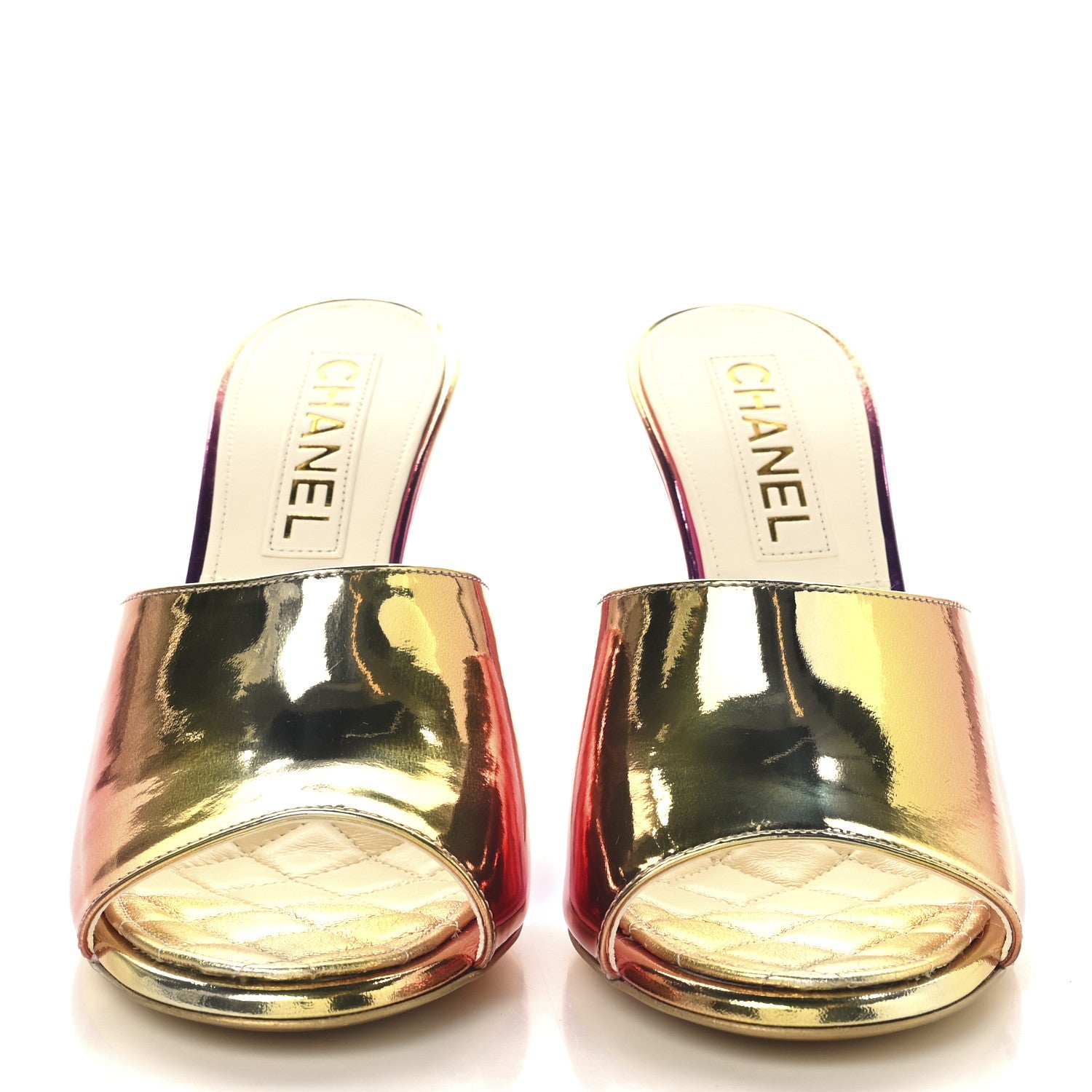 Chanel Laminated Calfskin Wedge Mules 38 Pink Orange Yellow 3 of 9