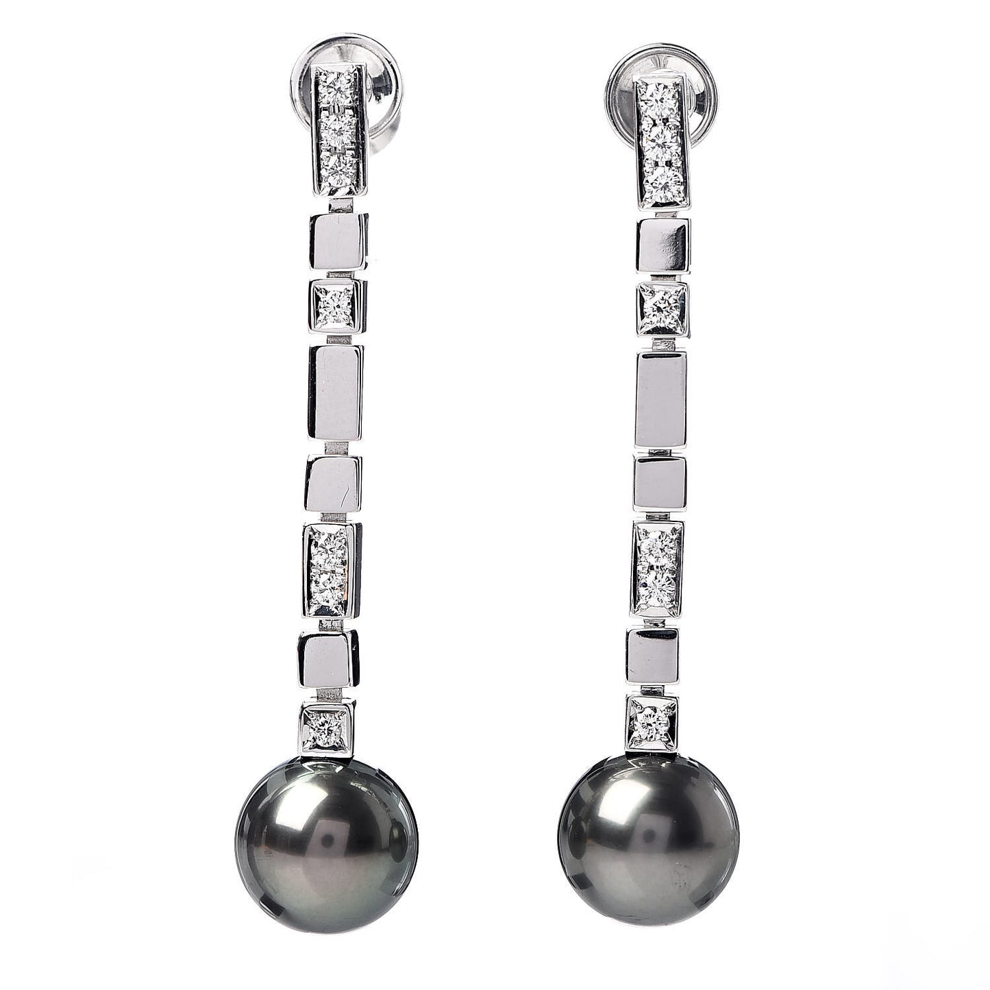 18K White Gold Diamond Black South Sea Pearl 9mm Drop Screw Back Earrings
