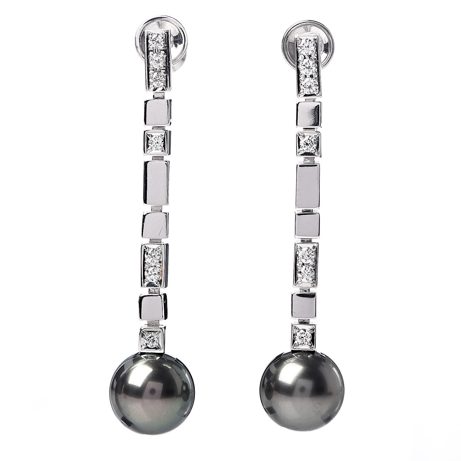 Mikimoto 18K White Gold Diamond Black South Sea Pearl 9mm Drop Screw Back Earrings 1 of 5