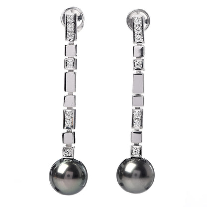 Mikimoto 18K White Gold Diamond Black South Sea Pearl 9mm Drop Screw Back Earrings 1 of 5