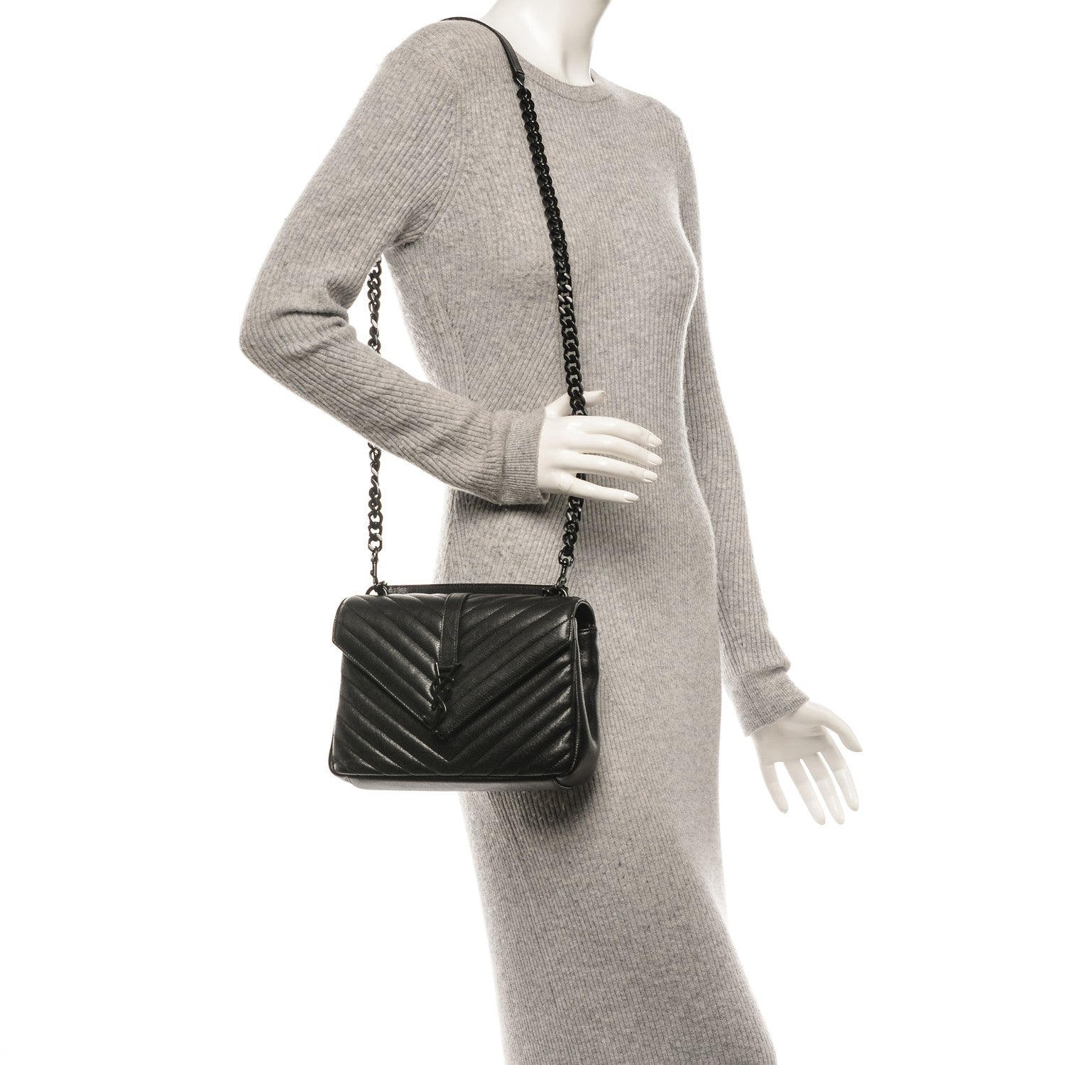 Saint Laurent Sheepskin Matelasse Chevron Monogram Medium College Bag Black 2 of 8