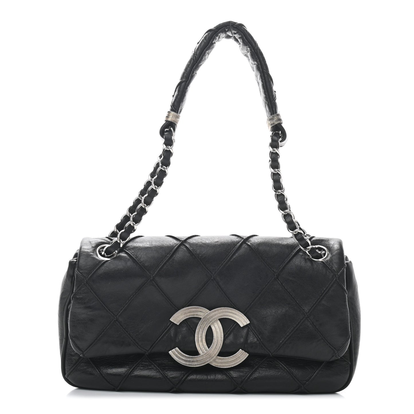 Lambskin Diamond Stitched CC Flap Shoulder Bag Black