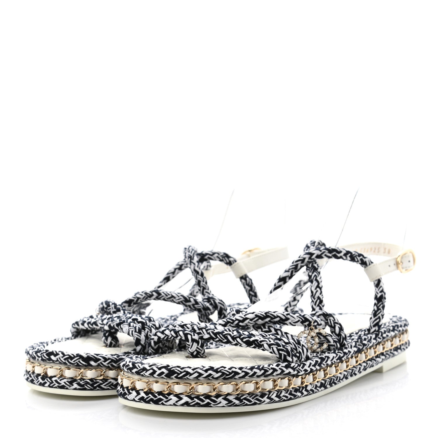 Chanel Lambskin Cord Chain CC Sandals 38 Black White 3 of 8