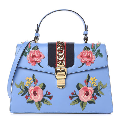 Gucci Calfskin Embroidered Medium Sylvie Top Handle Bag Clear Sky Blue 1 of 9